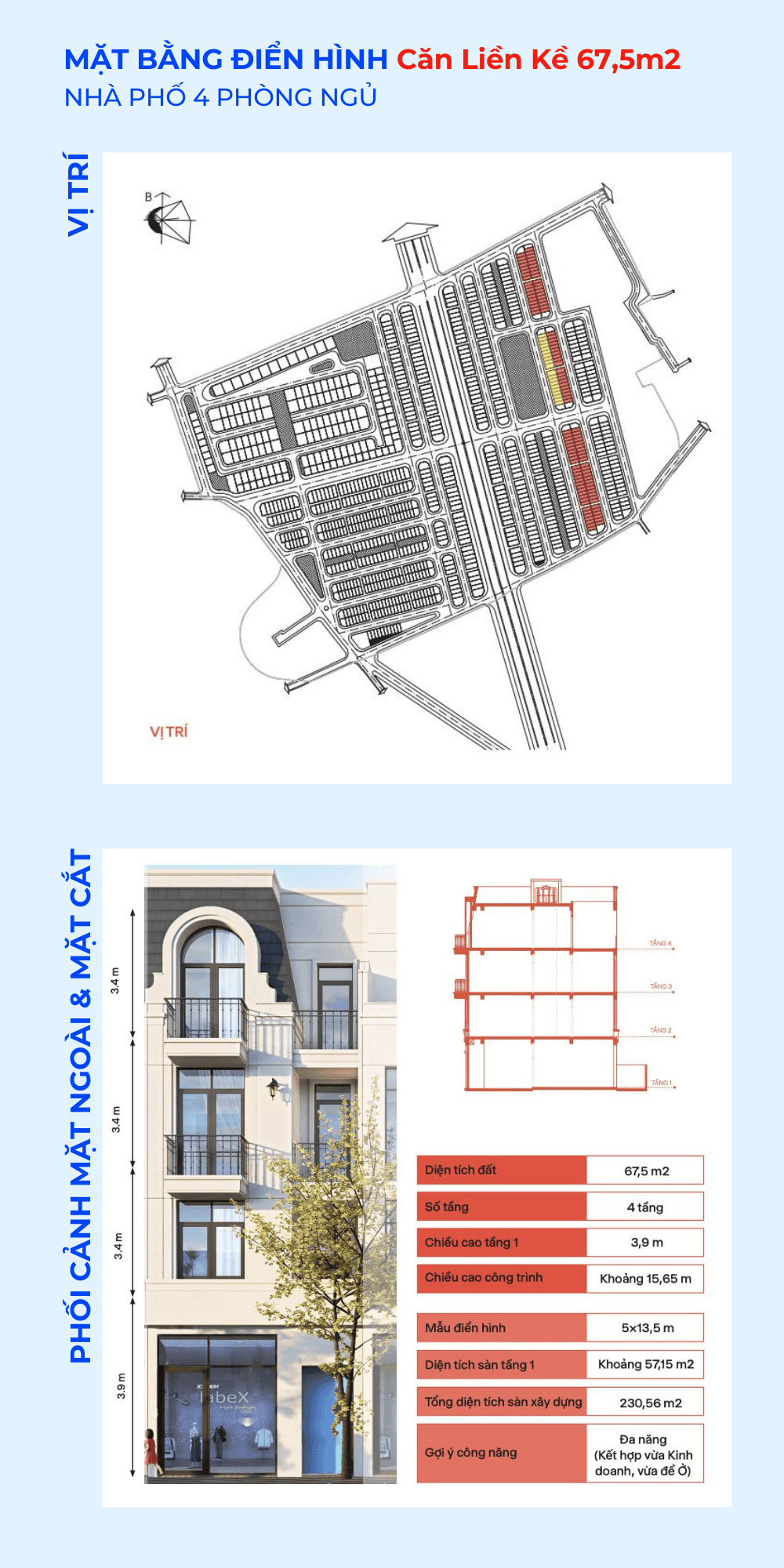 Vị trí, phối cảnh ngoài, mặt cắt căn Liền Kề 67,5m2 dự án Vlasta Thủy Nguyên