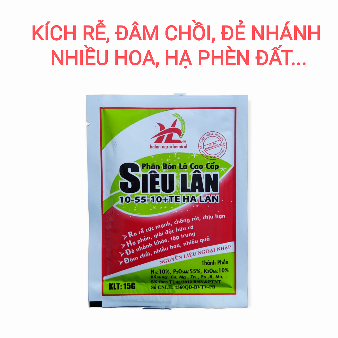 Phân bón lá cao cấp Siêu Lân 10-55-10 Te Kích rễ, đâm chồi, tạo nhiều hoa. Gói 15g