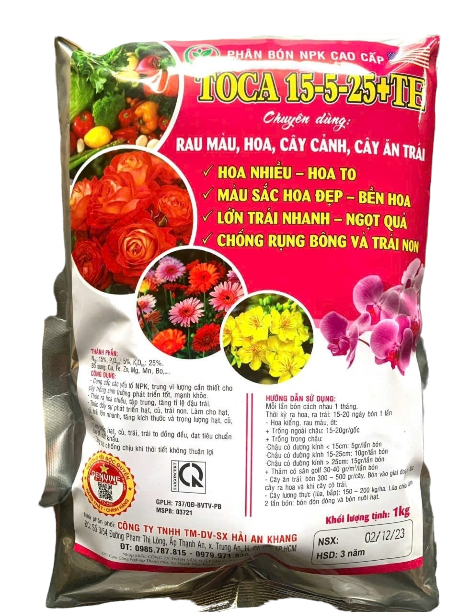 Phân bón npk tan nhanh Toca 15-5-15 + TE ra hoa đẹp, trái to, gói 1 ký