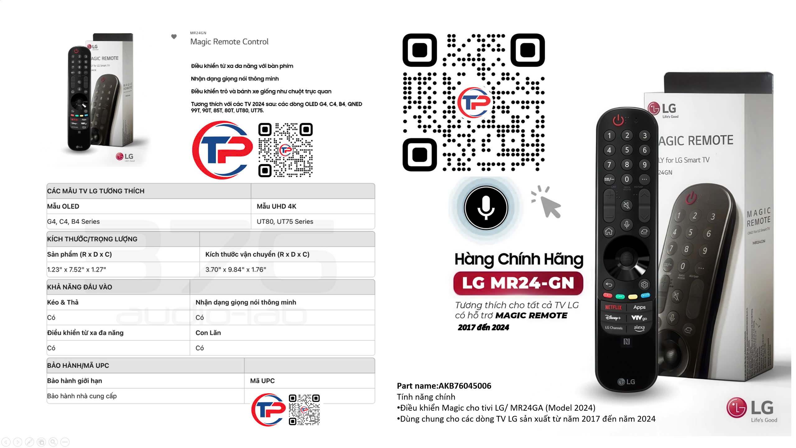 Điều khiển Thông Minh giọng nói chuột bay LG Original Magic Voice 𝐑𝐞𝐦𝐨𝐭𝐞  Control 𝐋𝐆/ 𝐌𝐑𝟐𝟒𝐆𝐀 - Black  cho các (Model TV 2024) AKB76045006 (𝐒ả𝐧 𝐩𝐡ẩ𝐦 𝐜𝐡í𝐧𝐡 𝐡ã𝐧𝐠 ) mới tinh nguyên hộp sản xuất Indonesia có pin đi kèm hộp trắng