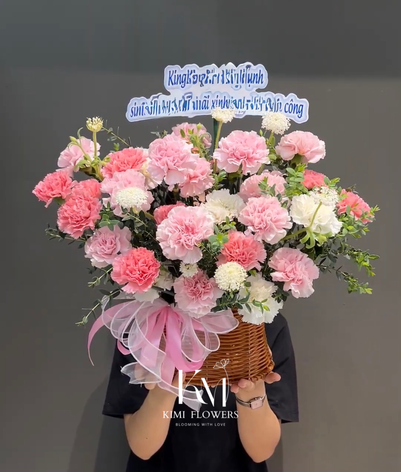 giỏ hoa hồng, giỏ hoa khai trương tone hồng