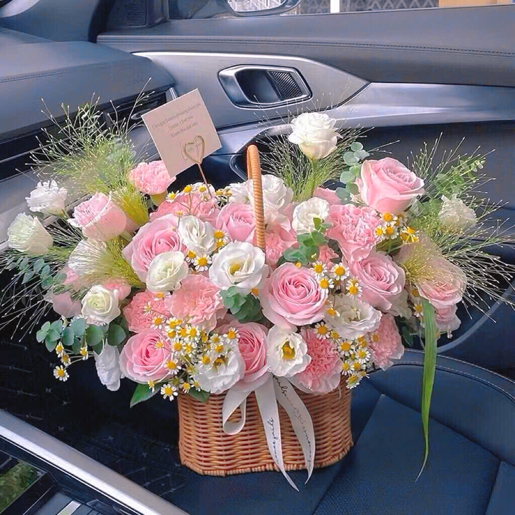 Giỏ Hoa Cam Tặng Sinh Nhật - Giỏ Hoa Chúc Mừng Tone hồng May Mắn Rực Rỡ