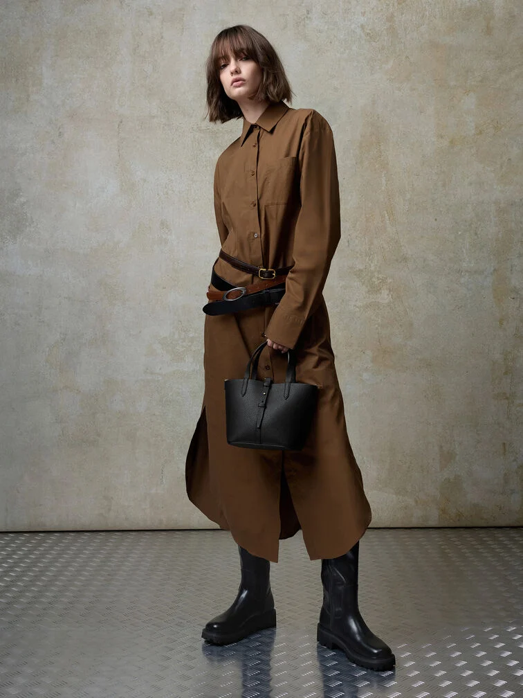 Beryl Recycled Leather Double-Handle Belted Bucket Bag