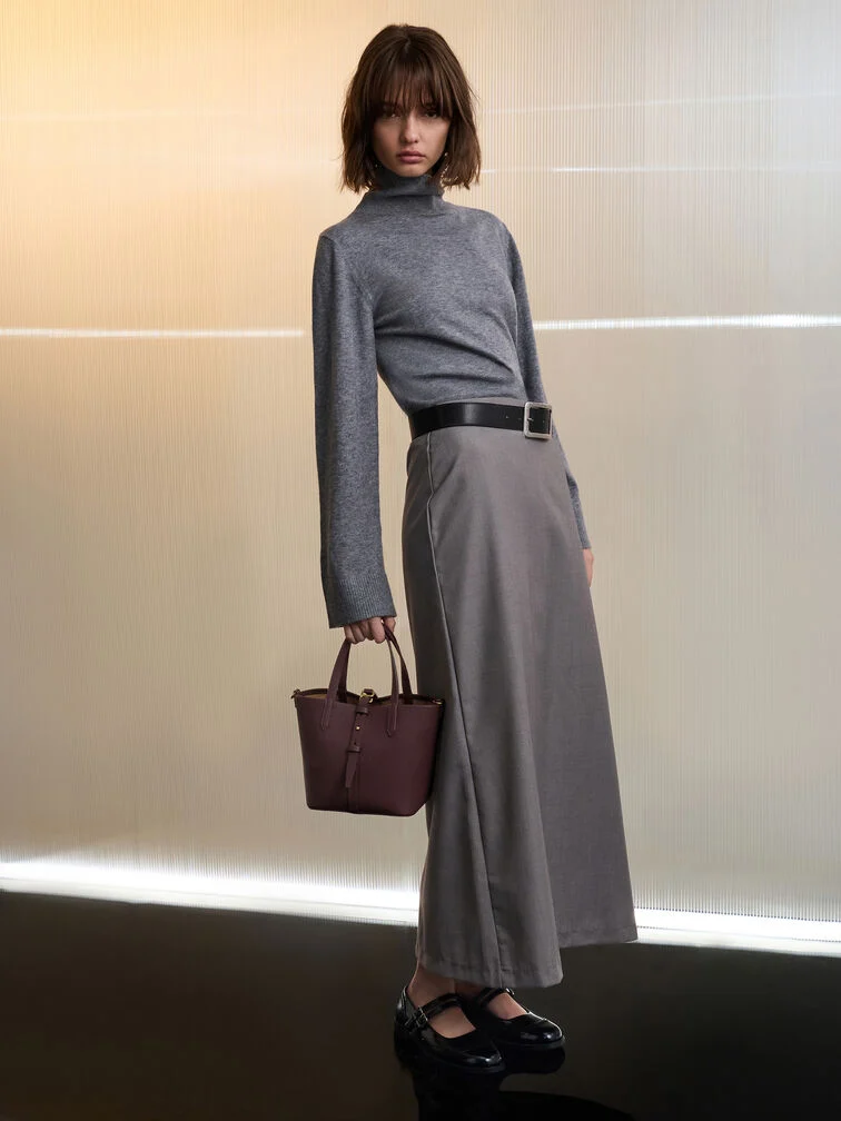 Beryl Recycled Leather Double-Handle Belted Bucket Bag