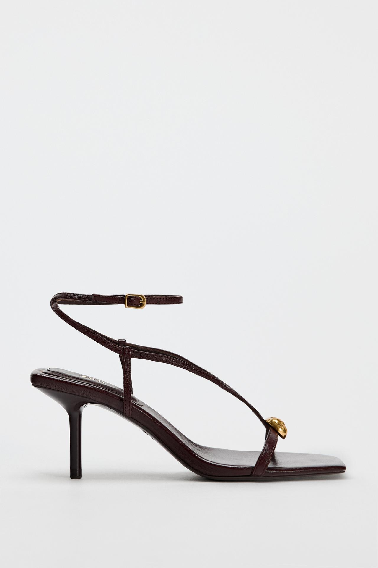 LEATHER HEEL SANDALS WITH STRAPS AND EMBELLISHMENT