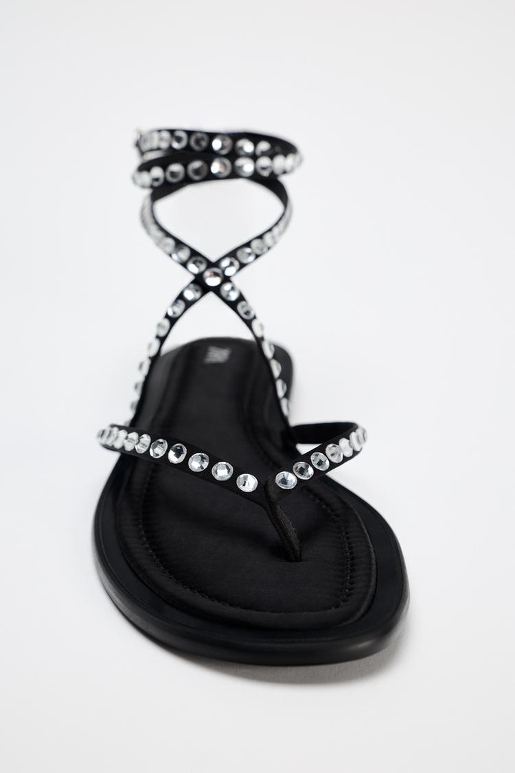LACE-UP FLAT SLIDER SANDALS WITH RHINESTONES