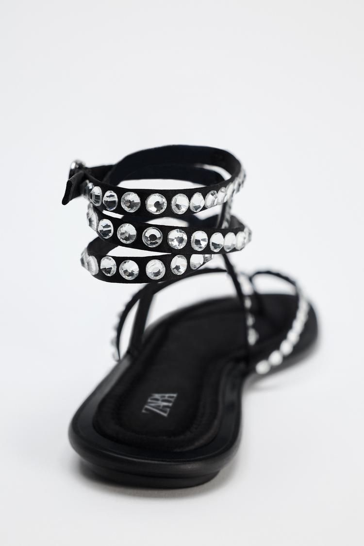 LACE-UP FLAT SLIDER SANDALS WITH RHINESTONES