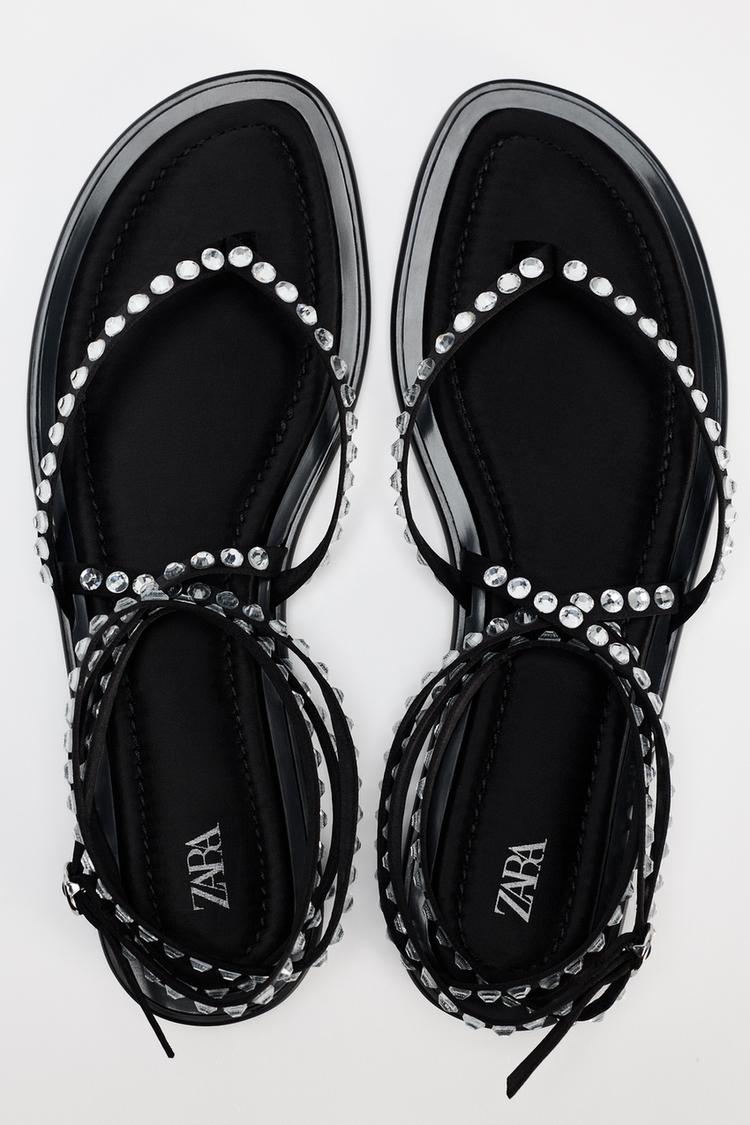 LACE-UP FLAT SLIDER SANDALS WITH RHINESTONES