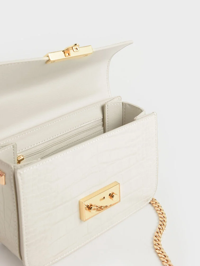 Croc Effect Chain Strap Square Shoulder Bag