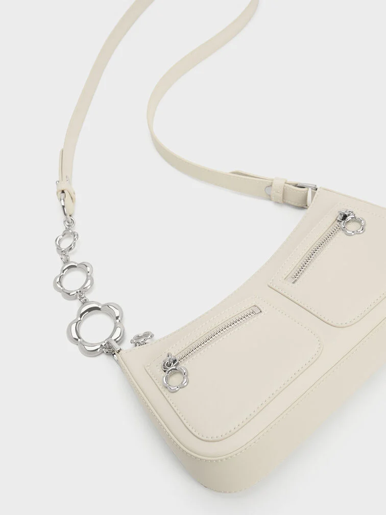 Flower-Embellished Trapezoid Shoulder Bag