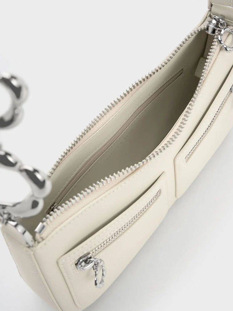 Flower-Embellished Trapezoid Shoulder Bag