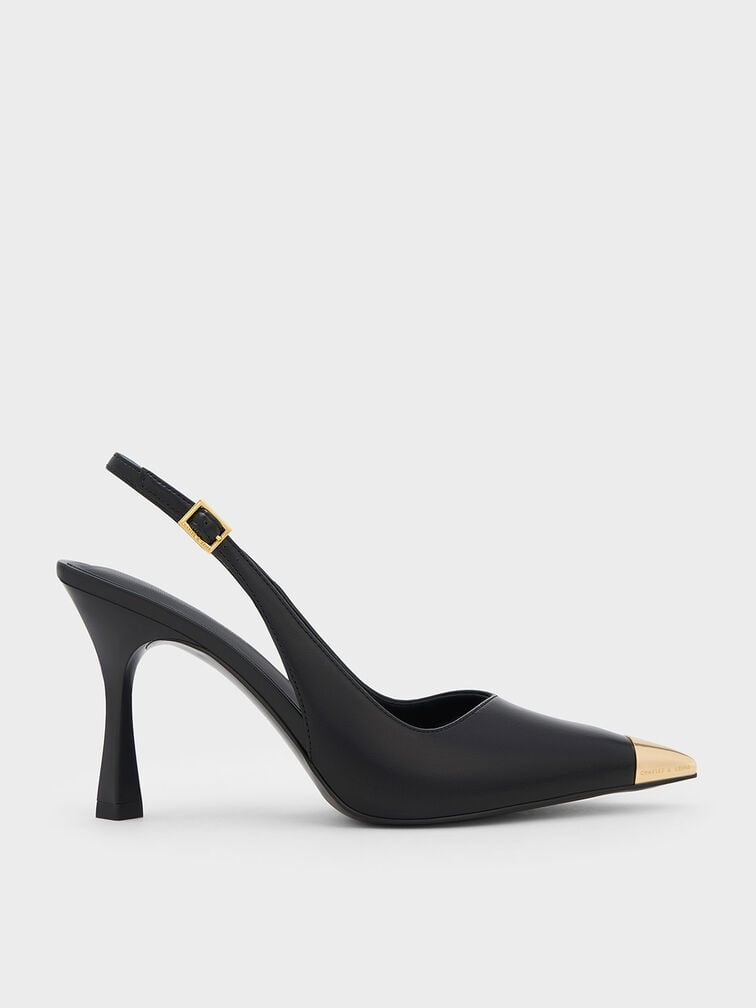Metallic Cap Pointed-Toe Slingback Pumps