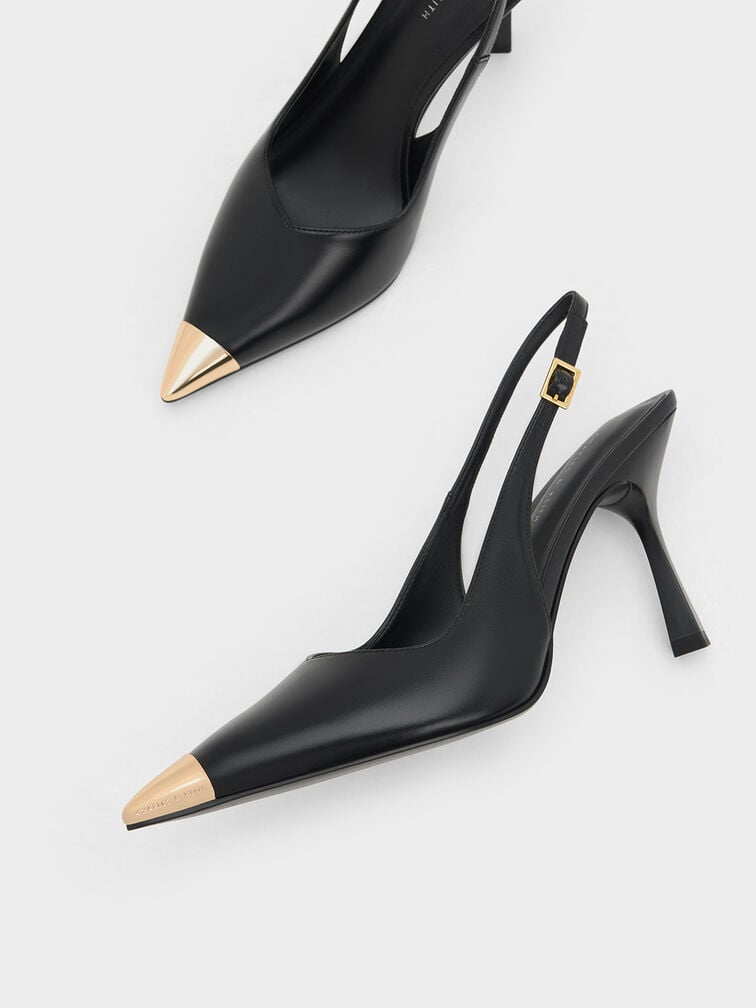 Metallic Cap Pointed-Toe Slingback Pumps