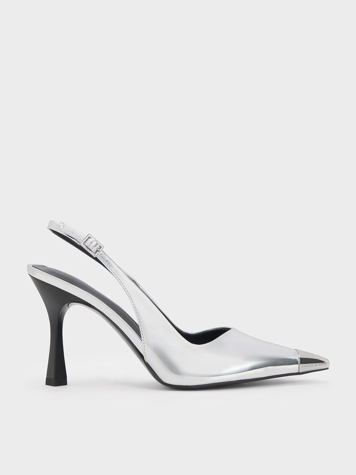 Metallic Cap Pointed-Toe Slingback Pumps