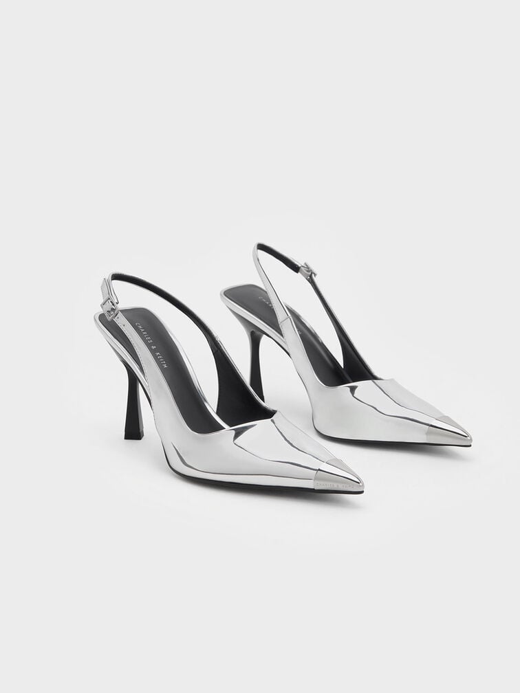 Metallic Cap Pointed-Toe Slingback Pumps
