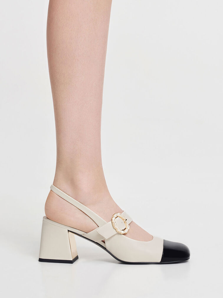 Patent Two-Tone Pearl Buckle Slingback Pumps