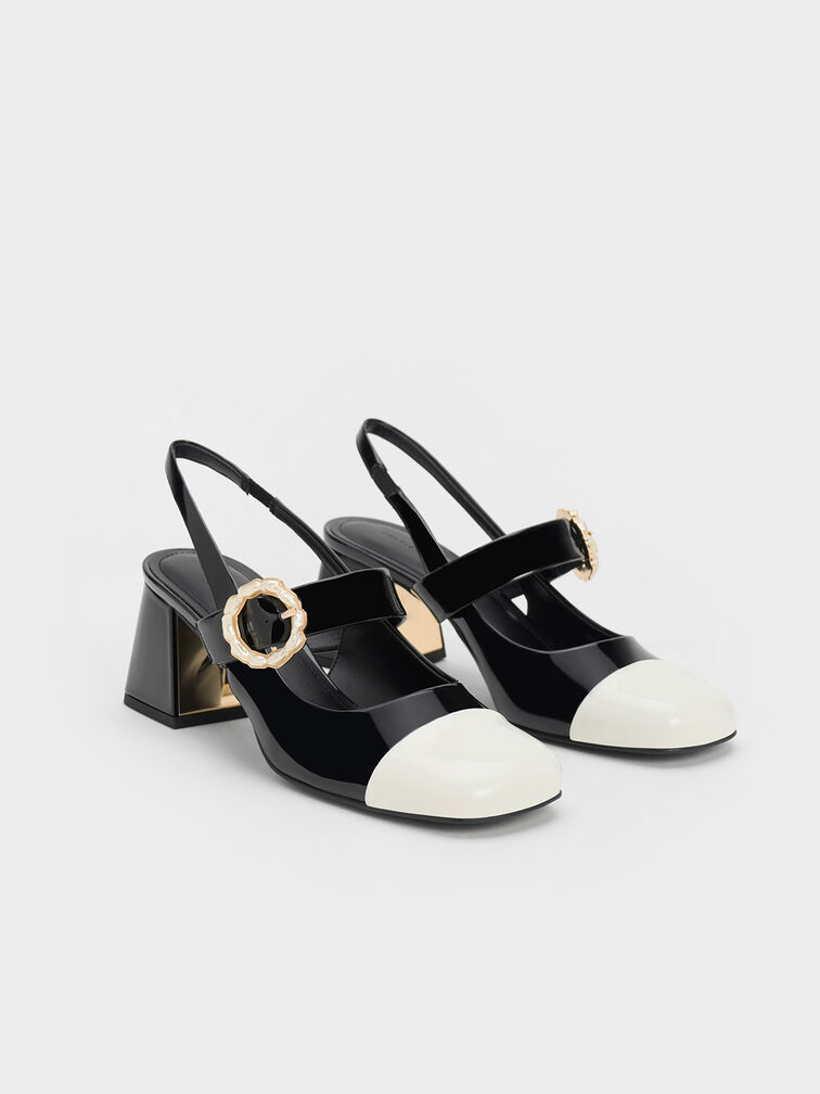 Patent Two-Tone Pearl Buckle Slingback Pumps