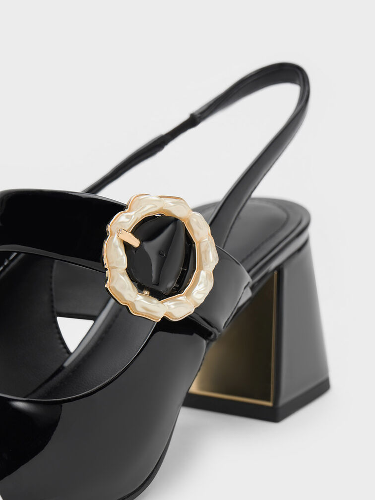 Patent Two-Tone Pearl Buckle Slingback Pumps