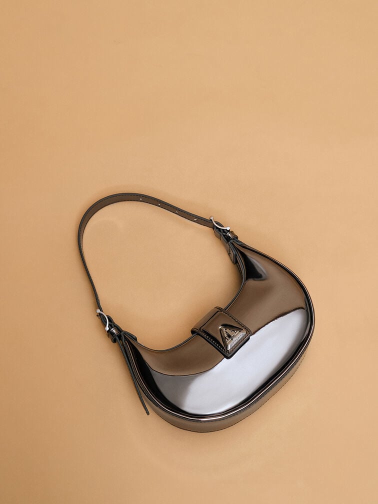 Trice Metallic Accent Belted Curved Shoulder Bag