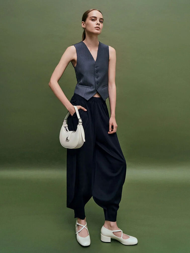 Trice Metallic Accent Belted Curved Shoulder Bag