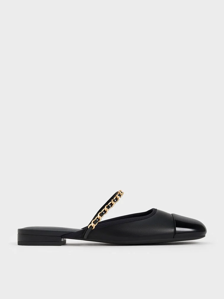 Patent Two-Tone Chain-Strap Mules Long