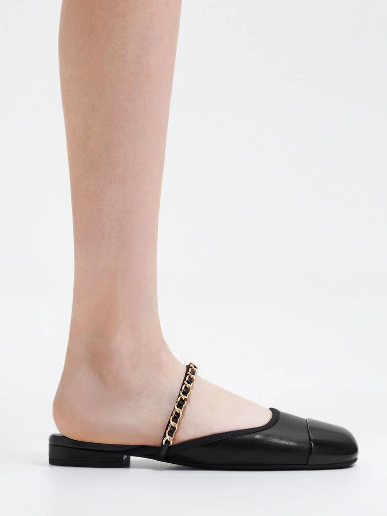 Patent Two-Tone Chain-Strap Mules Long