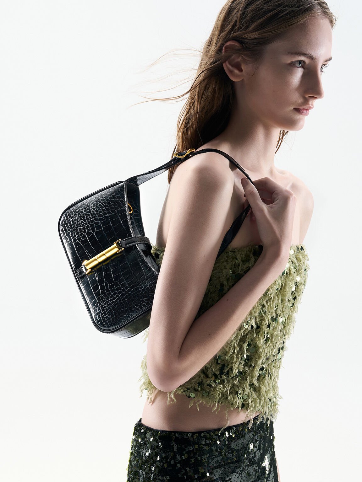 Cesia Croc-Effect Metallic-Accent Shoulder Bag