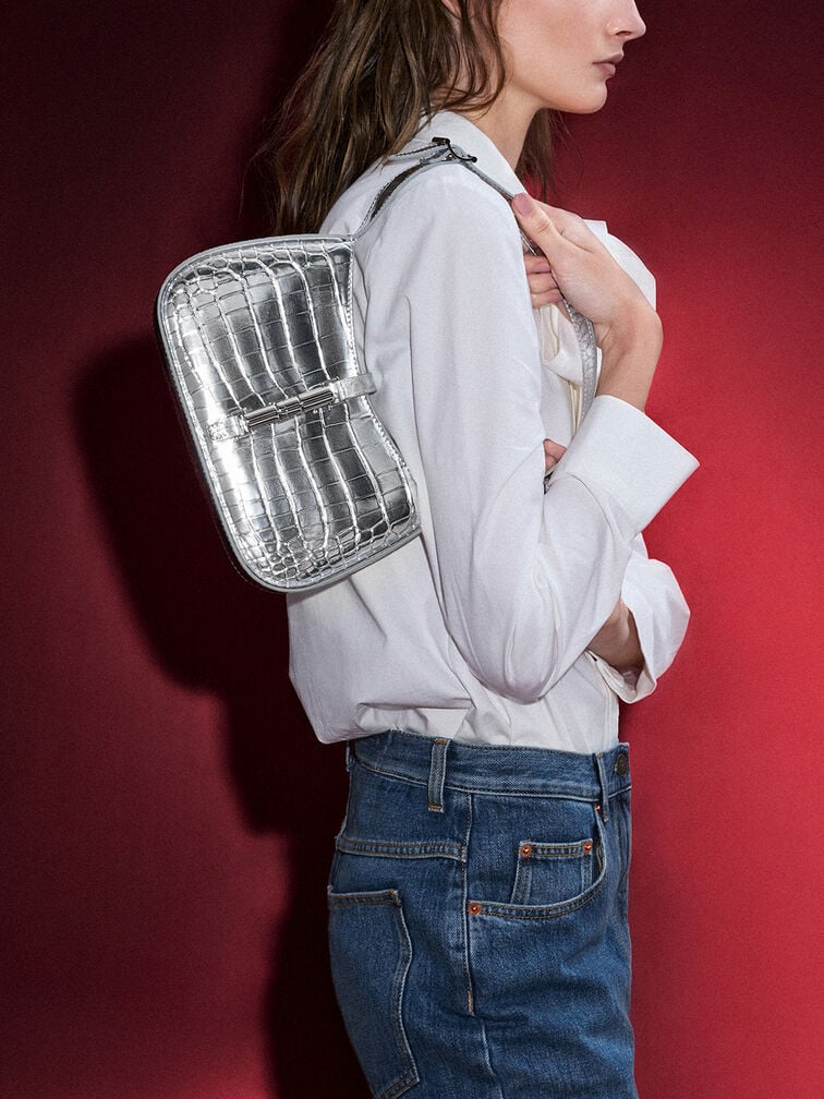 Cesia Croc-Effect Metallic-Accent Shoulder Bag