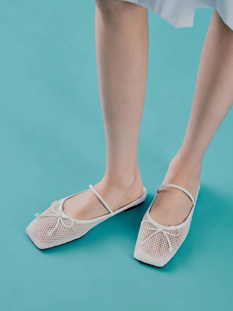 Mesh Bow Square-Toe Ballet Mules