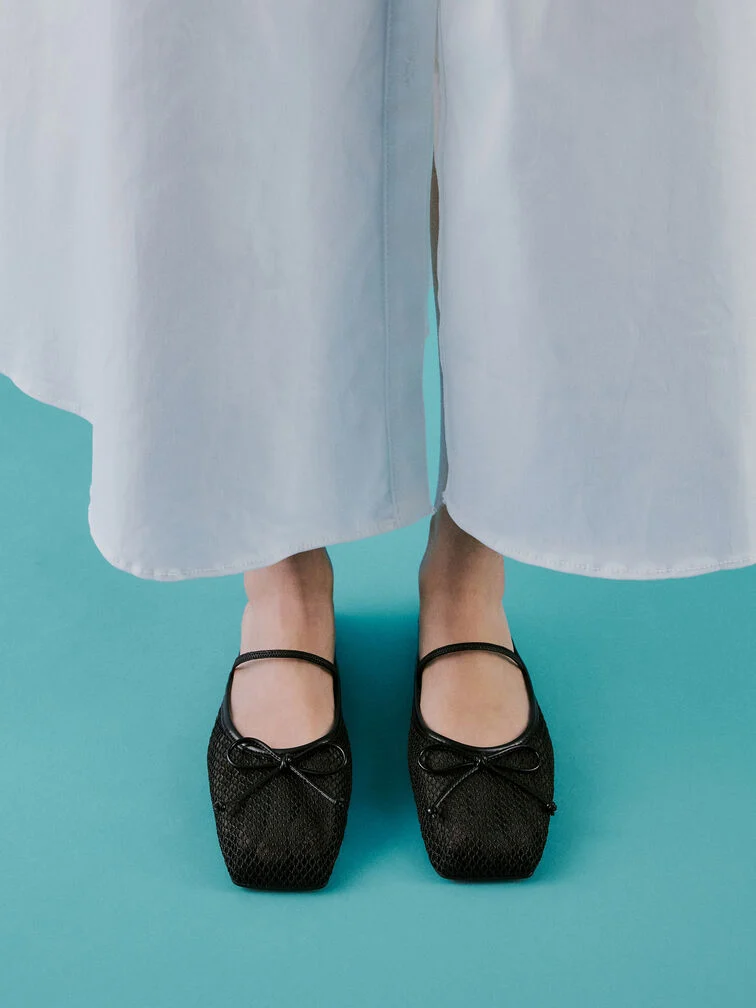 Mesh Bow Square-Toe Ballet Mules
