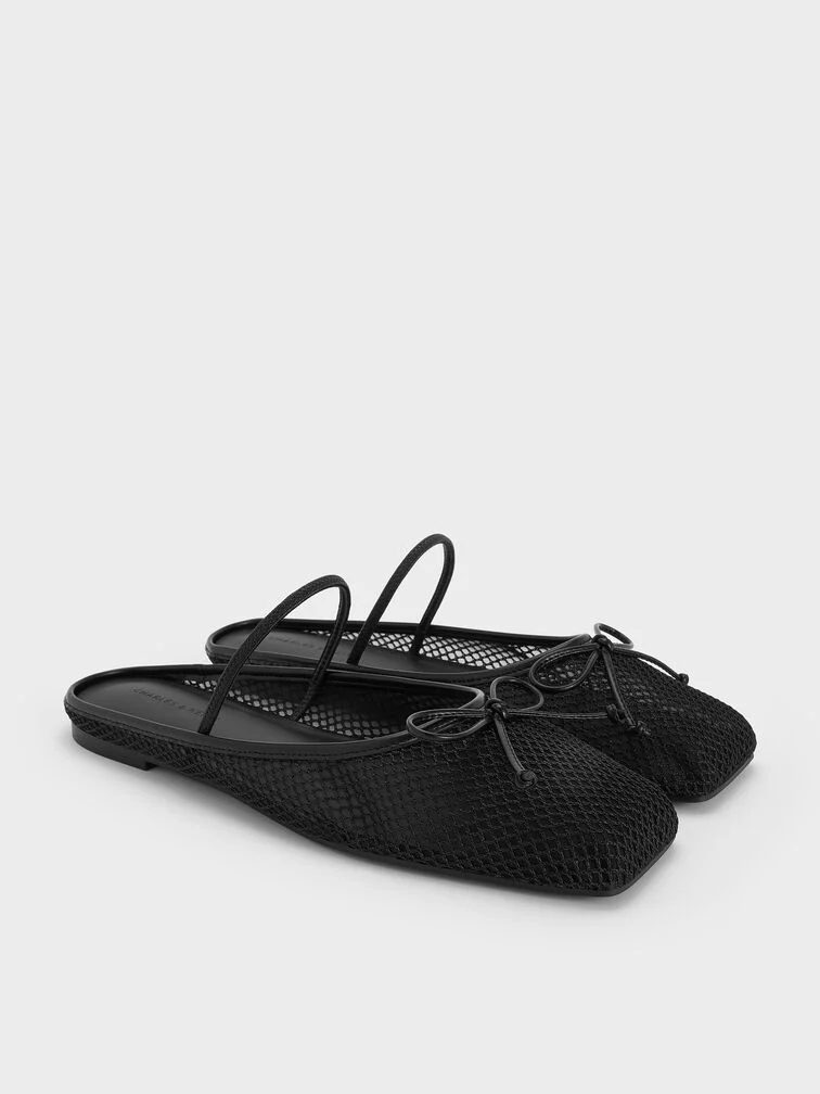 Mesh Bow Square-Toe Ballet Mules