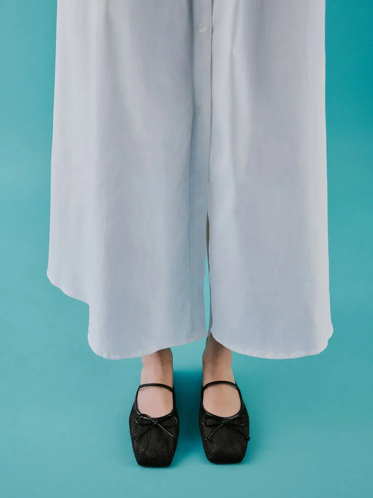 Mesh Bow Square-Toe Ballet Mules