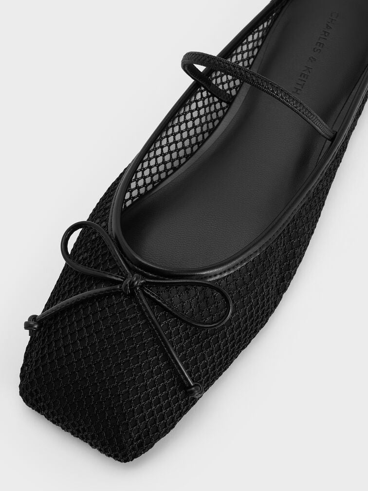Mesh Bow Square-Toe Ballet Mules