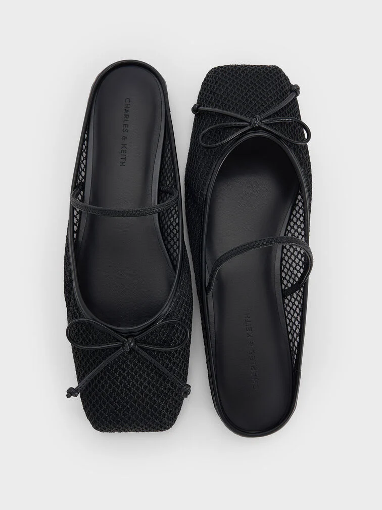 Mesh Bow Square-Toe Ballet Mules