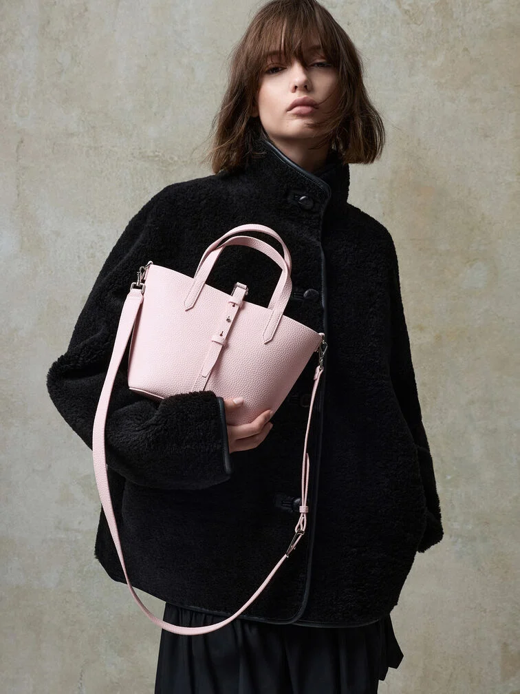 Beryl Recycled Leather Double-Handle Belted Bucket Bag