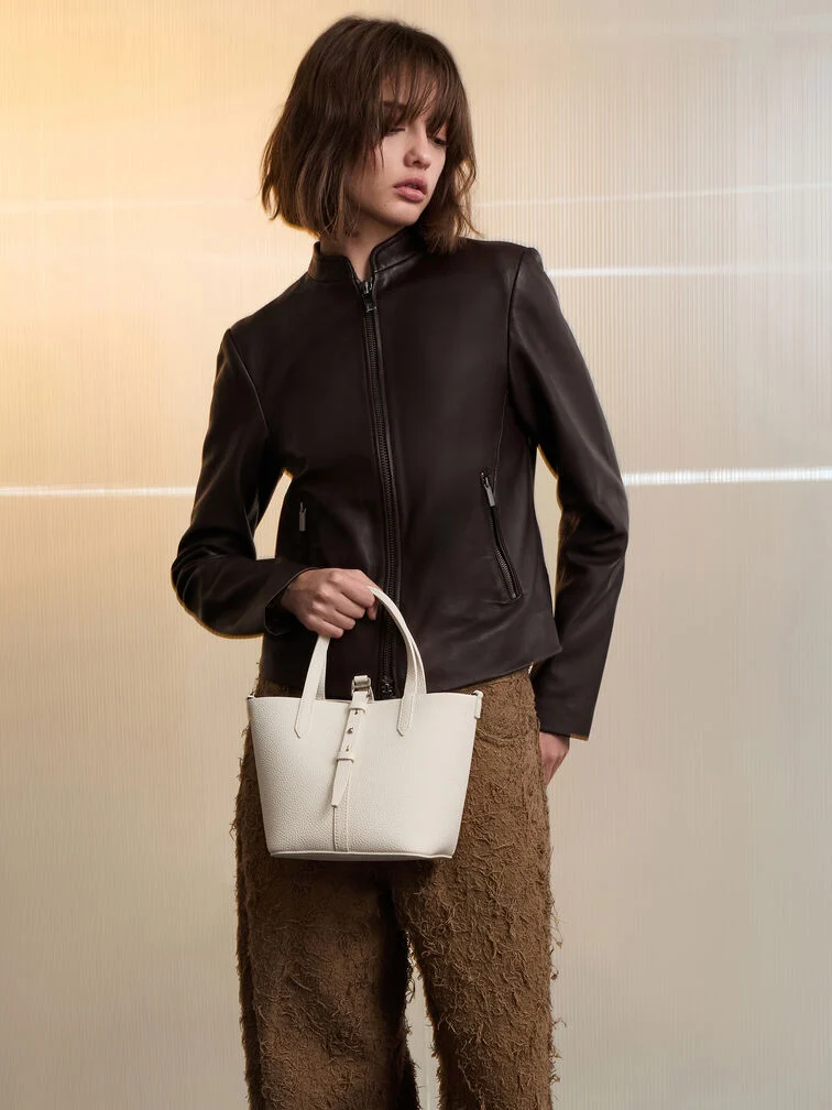 Beryl Recycled Leather Double-Handle Belted Bucket Bag