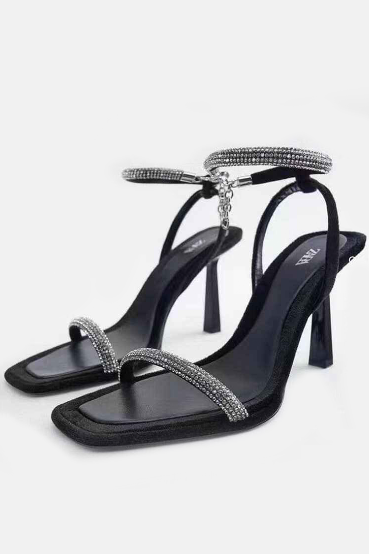 Square Toe Rhinestone Stiletto Sandals