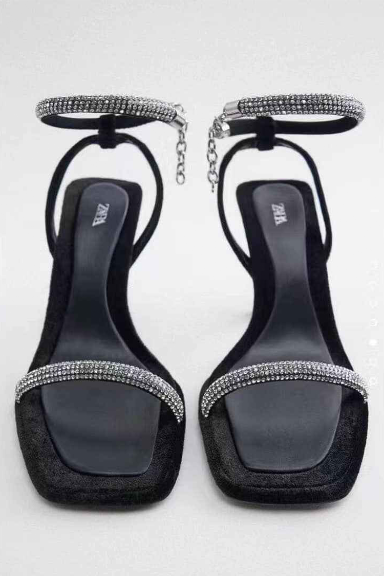 Square Toe Rhinestone Stiletto Sandals