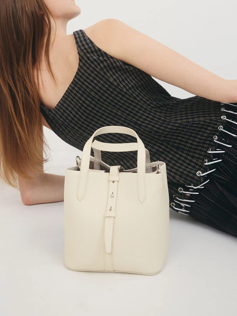 Beryl Recycled Leather Double-Handle Belted Bucket Bag