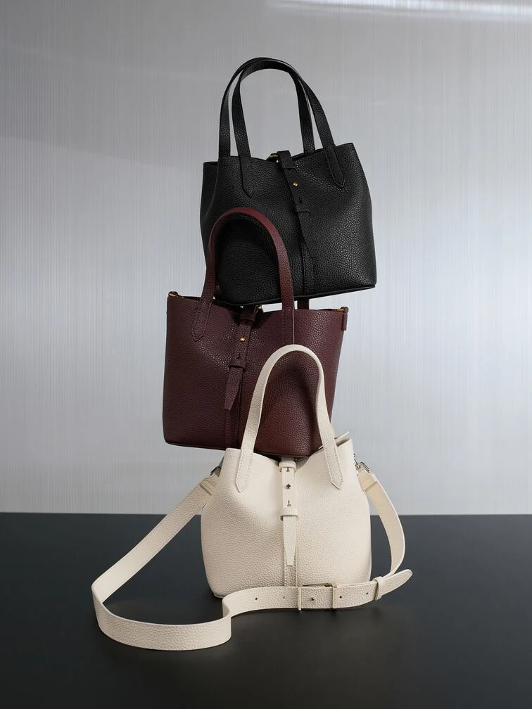 Beryl Recycled Leather Double-Handle Belted Bucket Bag