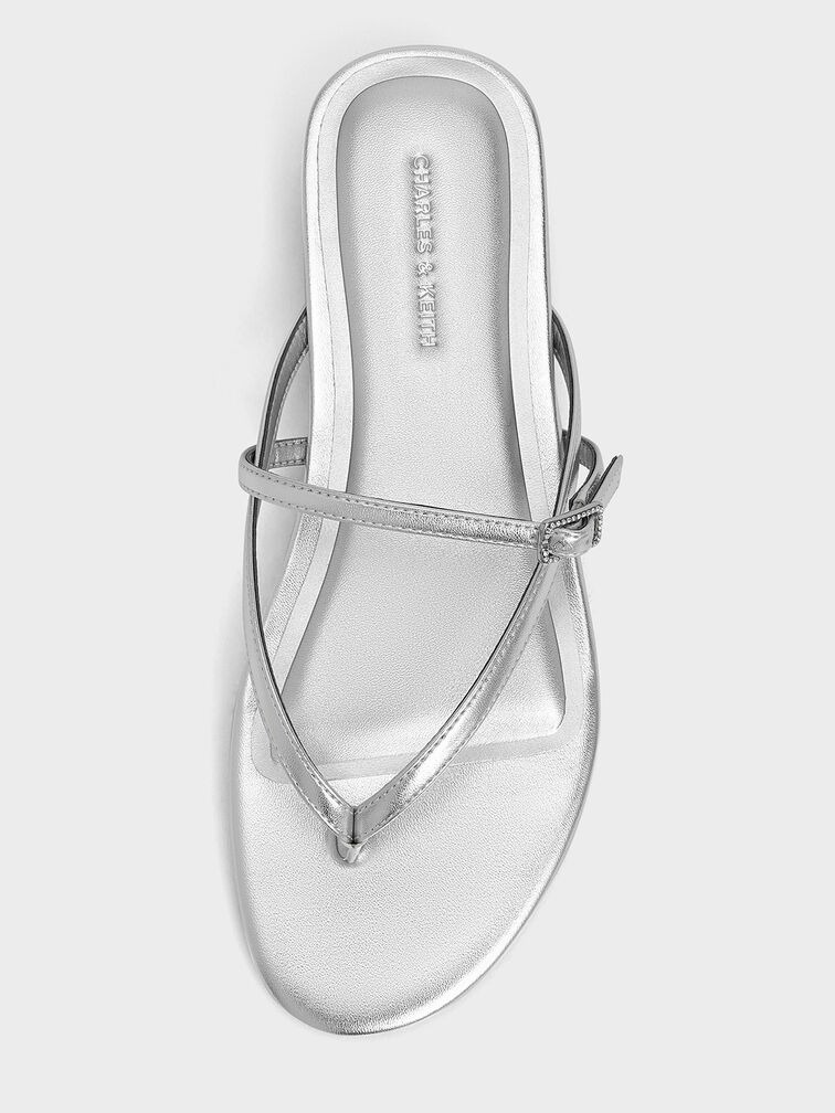 Metallic Crystal-Buckle Strappy Thong Sandals