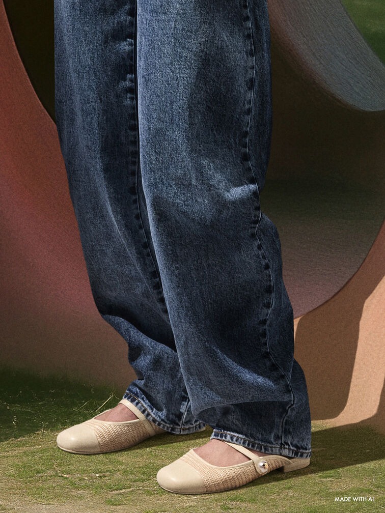 Aeryn Raffia Pearl-Embellished Slip-On Mary Janes