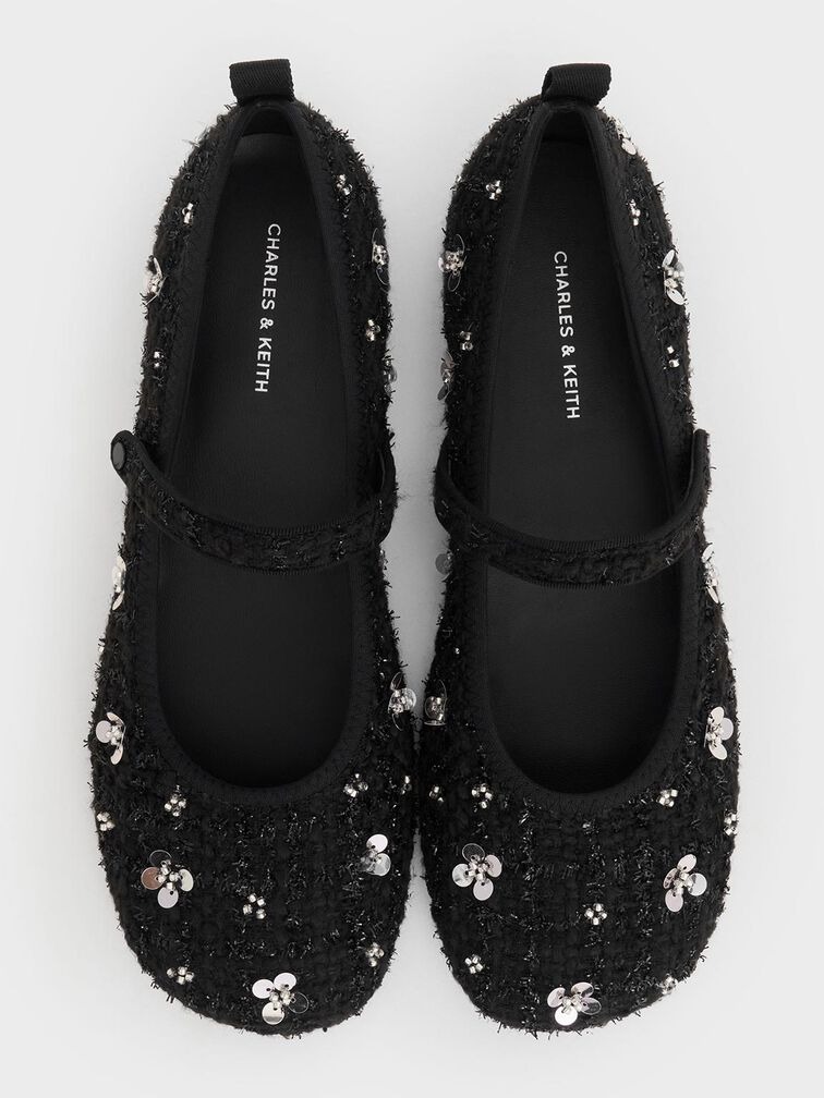 Tweed Flower-Embellished Mary Janes
