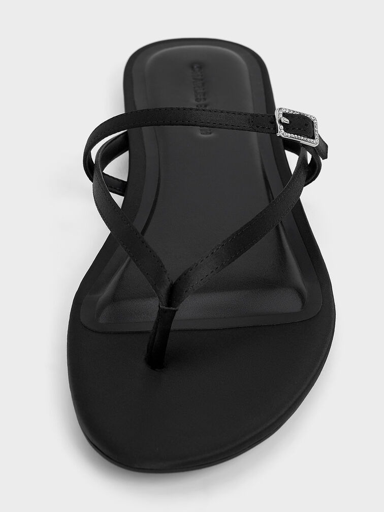 Metallic Crystal-Buckle Strappy Thong Sandals