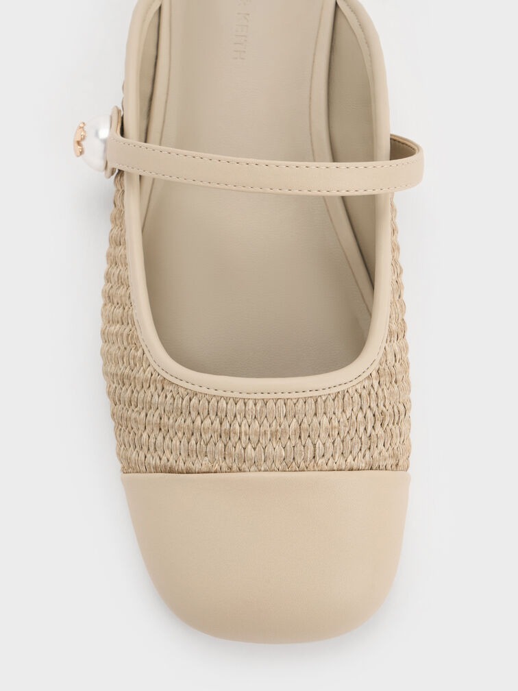 Aeryn Raffia Pearl-Embellished Slip-On Mary Janes