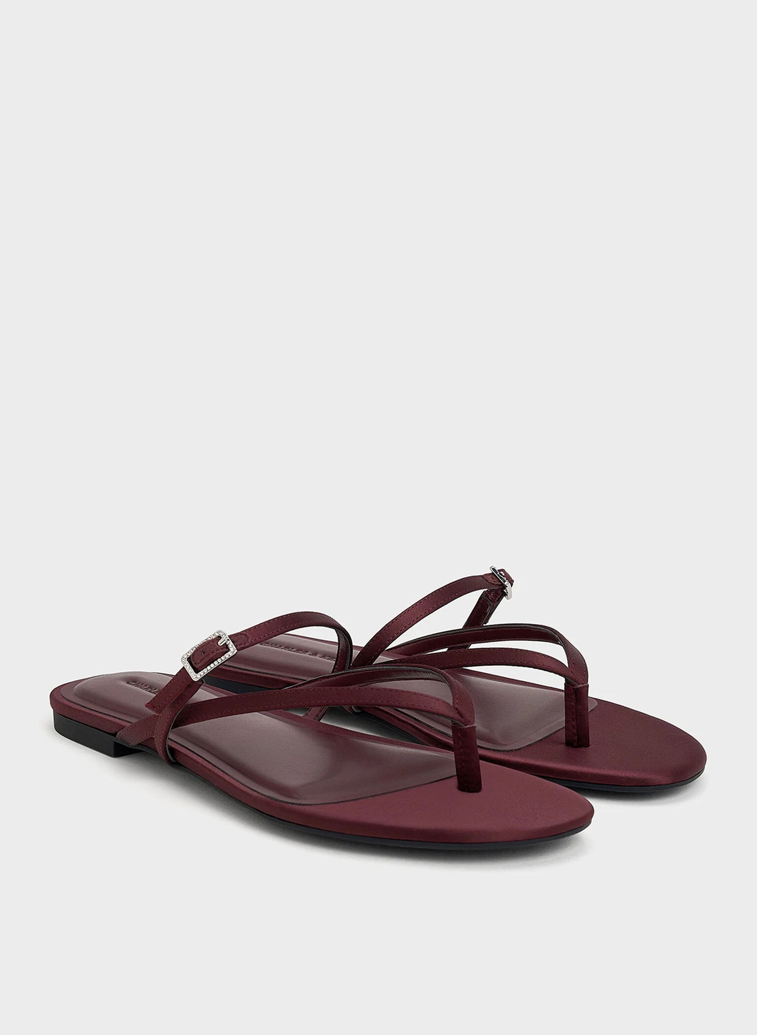 Metallic Crystal-Buckle Strappy Thong Sandals