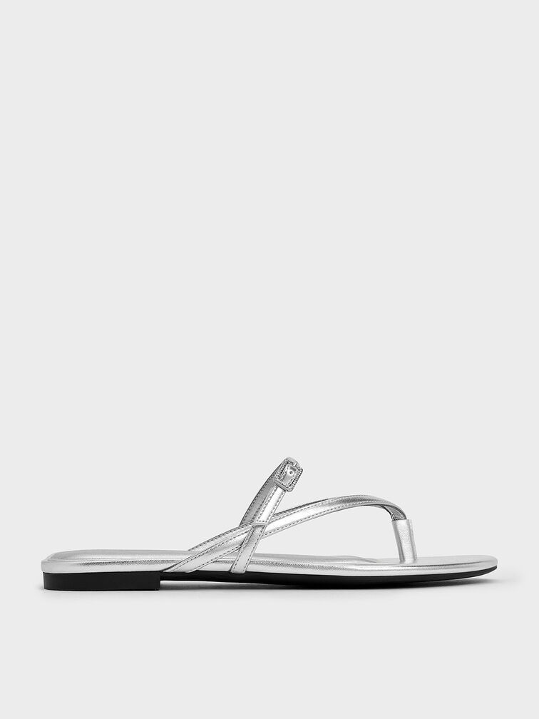 Metallic Crystal-Buckle Strappy Thong Sandals