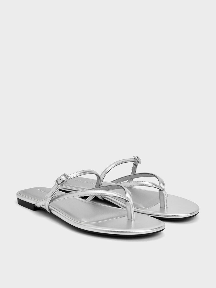 Metallic Crystal-Buckle Strappy Thong Sandals