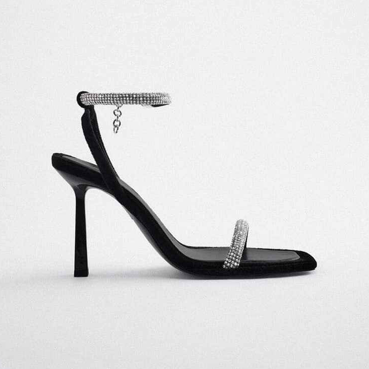 Square Toe Rhinestone Stiletto Sandals
