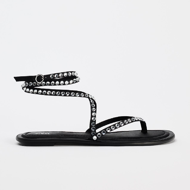 LACE-UP FLAT SLIDER SANDALS WITH RHINESTONES